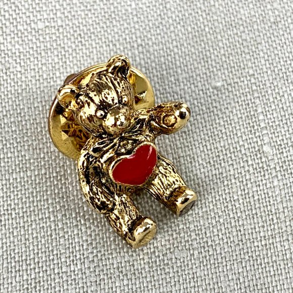 Vintage Red Enamel Heart Teddy Bear Gold Tone Small Pin - Picture 10 of 12
